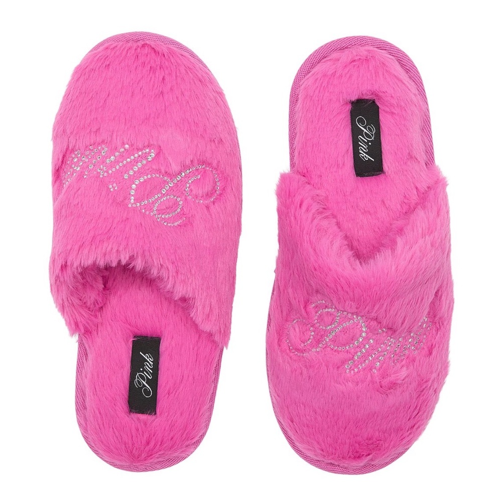 Victoria’s Secret Faux-Fur Closed-Toe Slippers PINK Fuzzy with Rhinestone Detail
